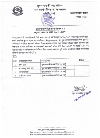 अन्तरवार्ता परीक्षा सम्बन्धी सूचना ।
