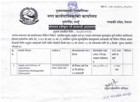 बोलपत्र स्वीकृत गर्ने सम्बन्धी आशयपत्र  (Supply and Delivery of Agricultural Equipments, Shuklagandaki Municipality)