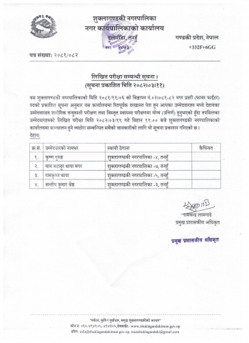 लिखित परीक्षा सम्बन्धी सूचना ।