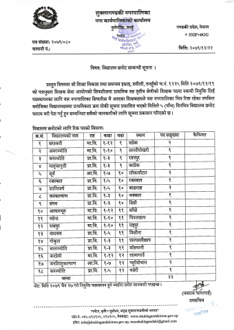 विद्यालय छनोट सम्बन्धी सूचना ।