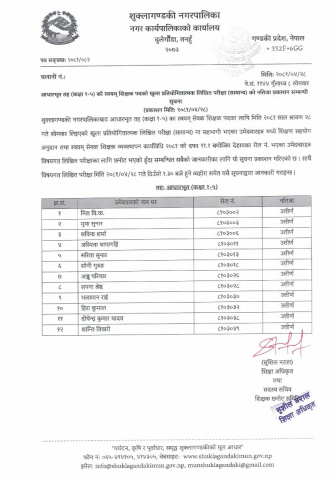 आधारभूत तह( कक्षा १-५ )को स्वयम् सेवक शिक्षक पदको खुला प्रतियोगितात्मक लिखित परीक्षा (सामान्य) को नतिजा प्रकाशन सम्वन्धी सूचना ।
